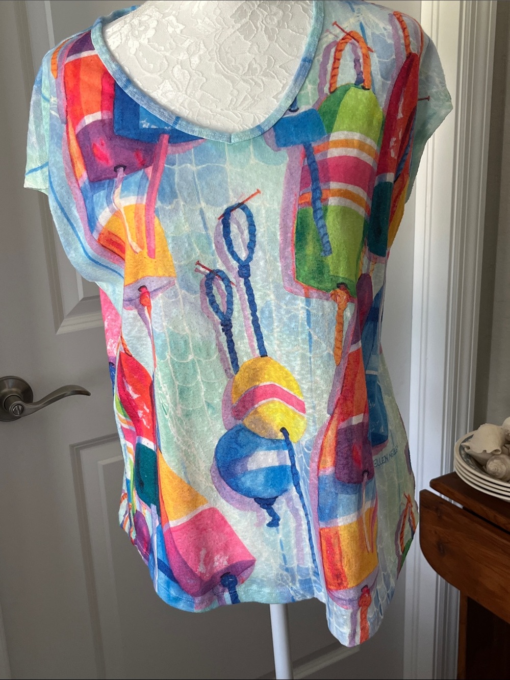 Art & Sol Ellen Negley Light Blue Buoy Print Scoop Neck Women's Top